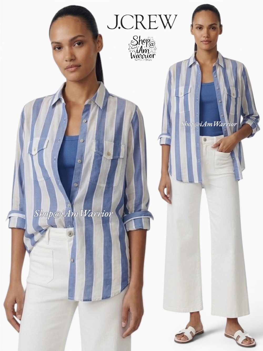 J.Crew blue & white striped silk/cotton flap pocket long sleeve relaxed shirt
